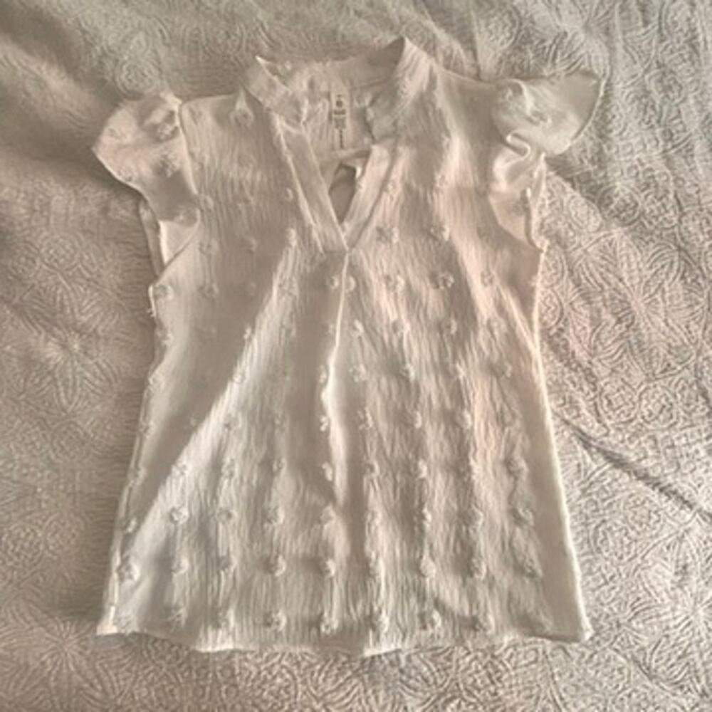 Blooming Jelly, white blouse with pompoms texture, extra small